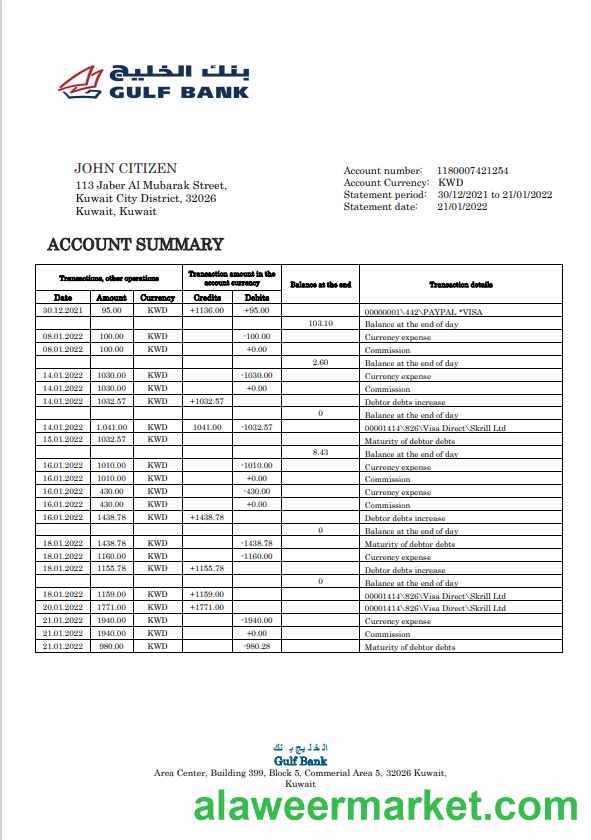 Kuwait Gulf Bank statement template in Word and PDF format